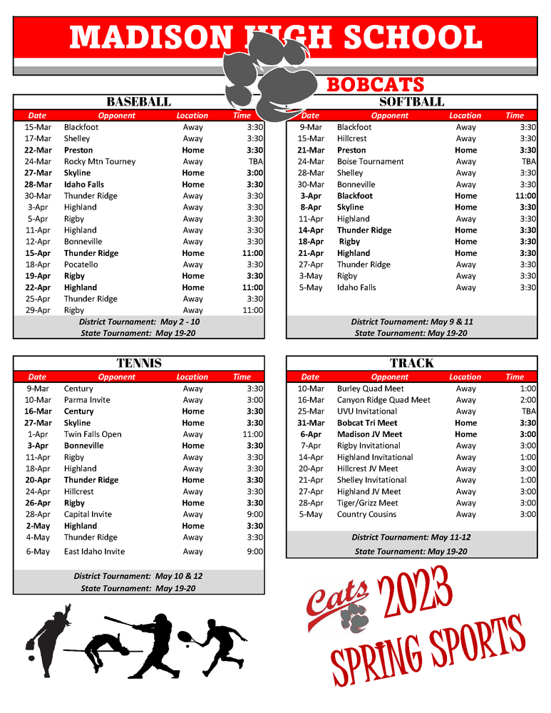 MHS Spring Sports Schedule Madison High School